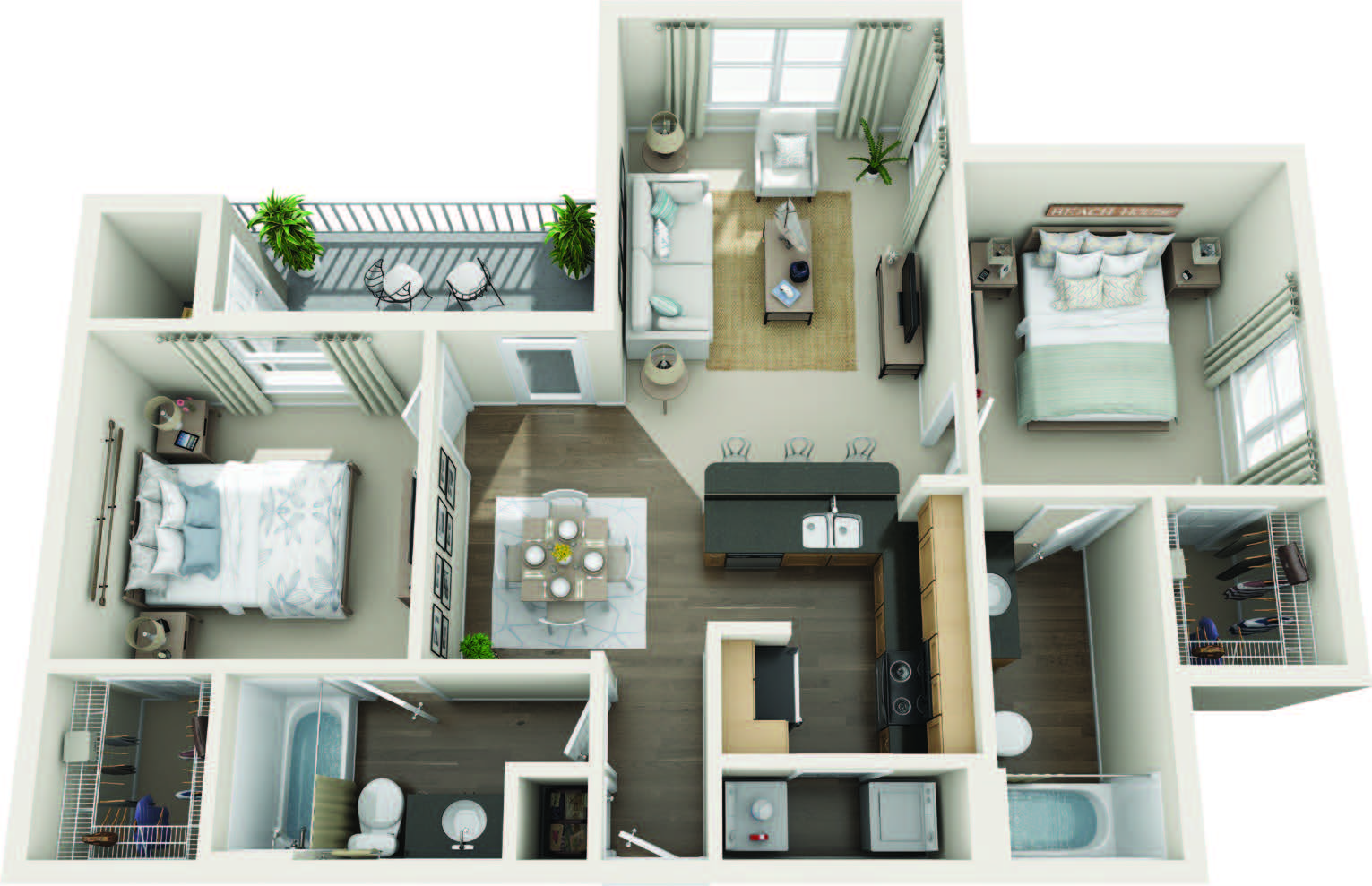 Floor plan for 2 beds, 2 baths, 974 sqft